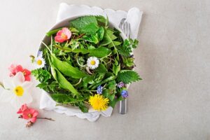 Spring,Table,Background,With,Flowers,,Herbs,And,Plants.,Wild,Garlic,