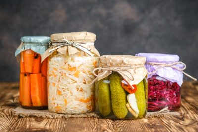 Fermented,Foods.,Sauerkraut,,Red,Cabbage,,Cucumbers,And,Carrots,On,A