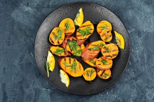 Grilled,Sweet,Potato,,Batata,With,Olive,Oil,And,Herbs.,Vegan