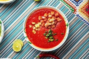 Traditional,Mexican,Food.,Cold,Tomato,Gazpacho,Soup.,Colorful,Food,Table