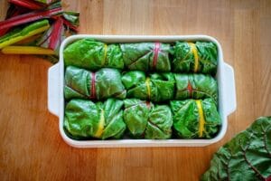 Top,View,Of,Stuffed,Chard,Leaves,Rolls,In,A,White